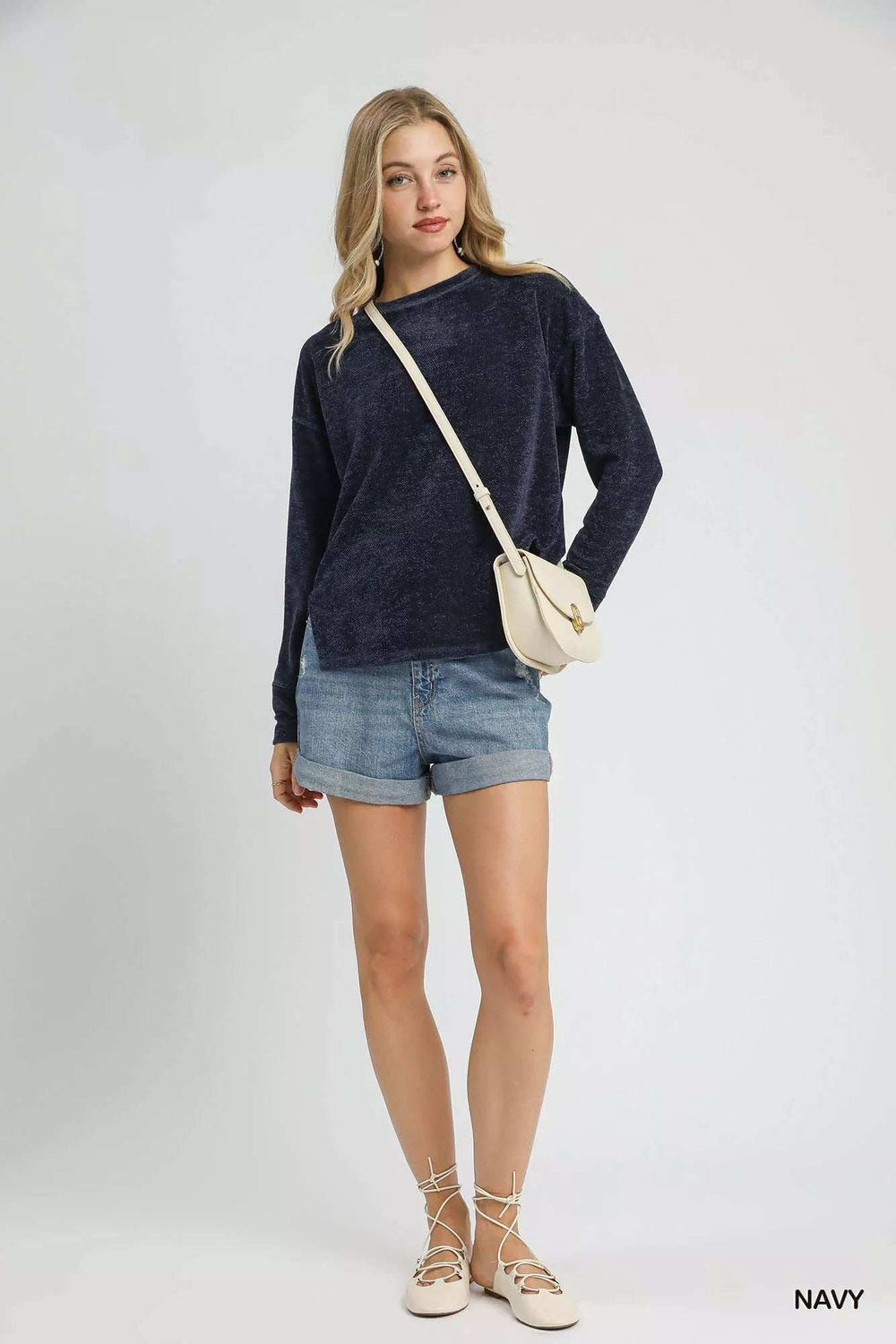 Umgee Round Neck Long Sleeve Side Slit Top - Trendsi - Flyclothing LLC