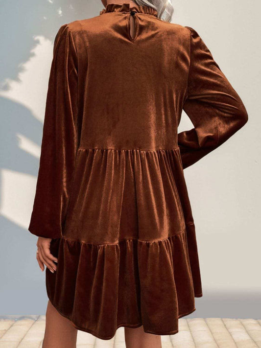 Perfee Tiered Ruched Mock Neck Long Sleeve Dress - Trendsi - Flyclothing LLC