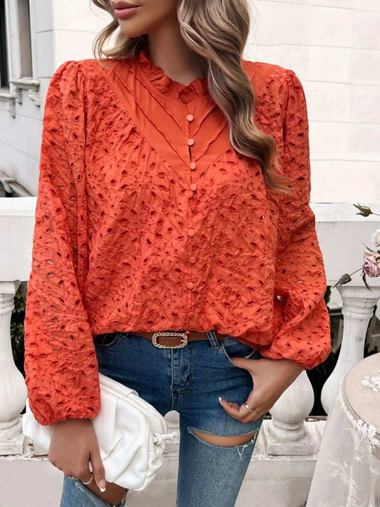 Frill Round Neck Long Sleeve Shirt - Trendsi - Flyclothing LLC
