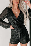 Sequin Surplice Long Sleeve Romper - Trendsi - Flyclothing LLC