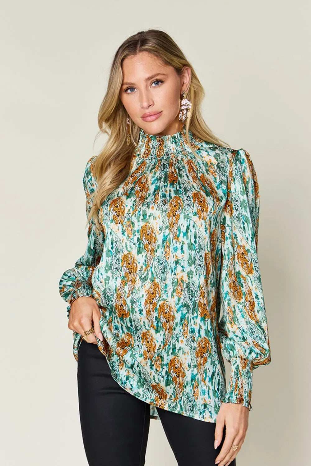 Double Take Full Size Printed Smocked Long Sleeve Blouse - Trendsi - Flyclothing LLC