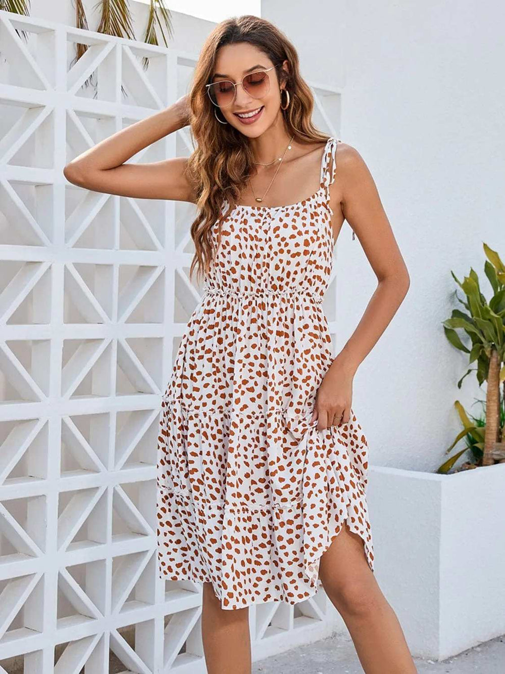 Printed Square Neck Tie Shoulder Dress - Trendsi - Flyclothing LLC