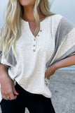 Two Tone Contrast Waffle Knit Patched Buttoned V Neck Top - Trendsi - Flyclothing LLC