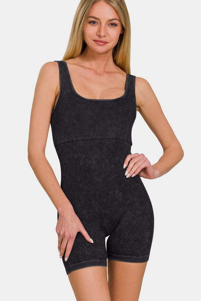 Zenana Washed Ribbed Romper with Pad - Trendsi - Flyclothing LLC