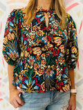 Tropical Print Puff Sleeve Knot Front Blouse - Trendsi - Flyclothing LLC