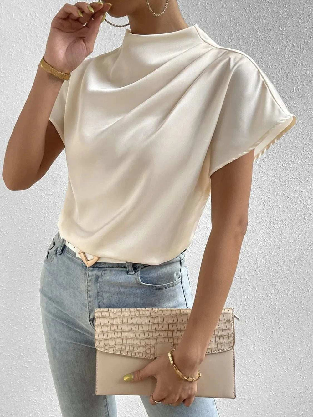 Mock Neck Short Sleeve Blouse - Trendsi - Flyclothing LLC