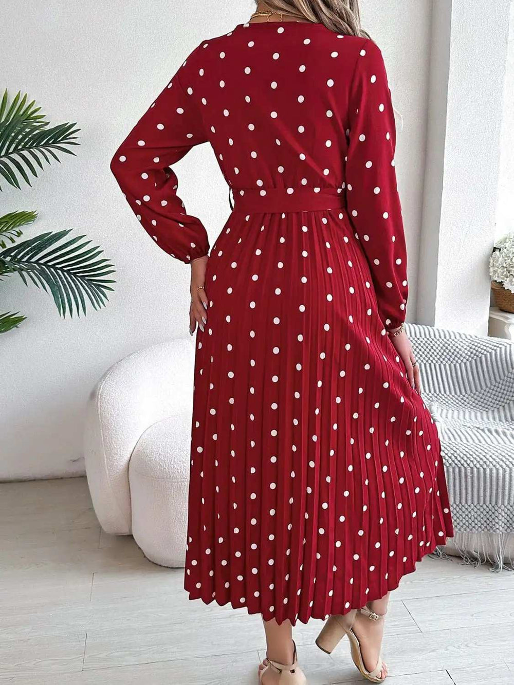 Tied Polka Dot Long Sleeve Midi Dress - Trendsi - Flyclothing LLC