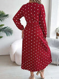 Tied Polka Dot Long Sleeve Midi Dress - Trendsi - Flyclothing LLC