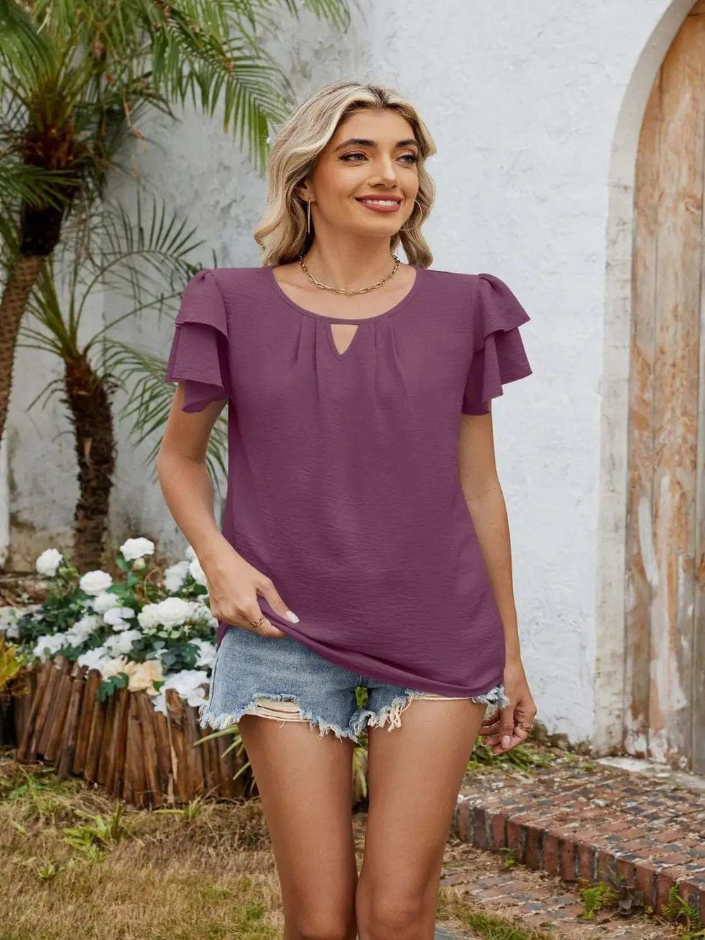 Cutout Round Neck Short Sleeve Blouse - Trendsi - Flyclothing LLC