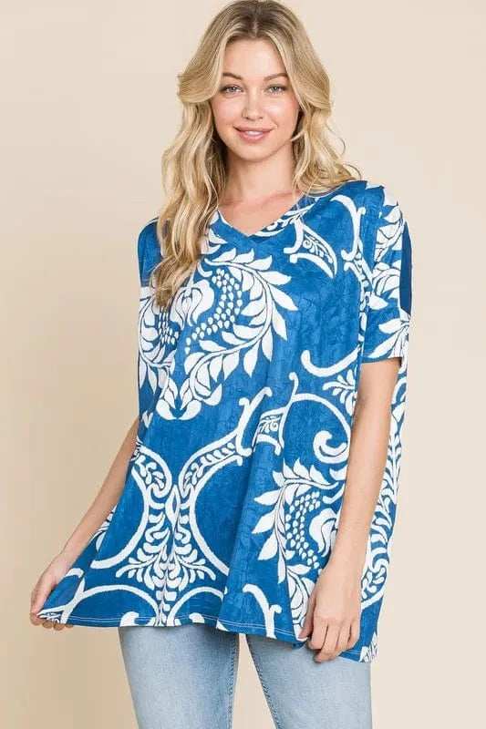 BOMBOM Printed Relaxed V-Neck Tunic Top - Trendsi - Flyclothing LLC
