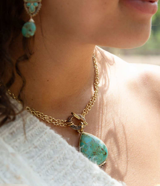 Abby Blue Turquoise and Golden Bronze Pendant Necklace - Barse Jewelry - Flyclothing LLC