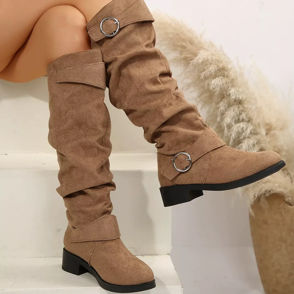 Buckle Accent Slouch Boots - Trendsi - Flyclothing LLC