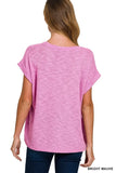 Zenana Hacci Slub Rolled Up Sleeve Tee - Trendsi - Flyclothing LLC