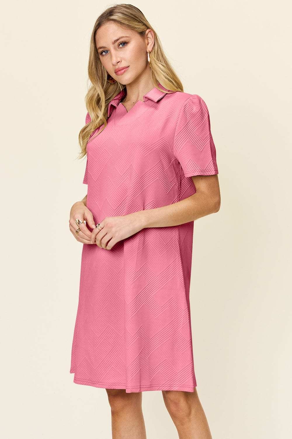 Double Take Full Size Texture Collared Neck Short Sleeve Dress - Trendsi - Flyclothing LLC