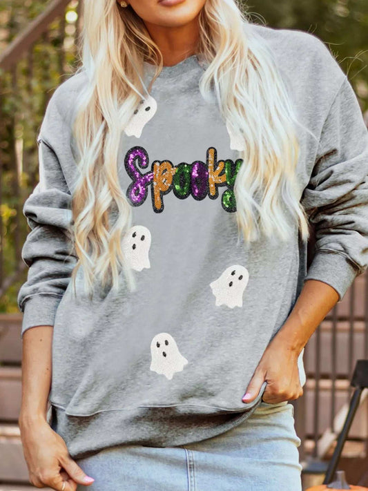 Halloween Spooky Ghost Sequin Sweatshirt - Trendsi - Flyclothing LLC