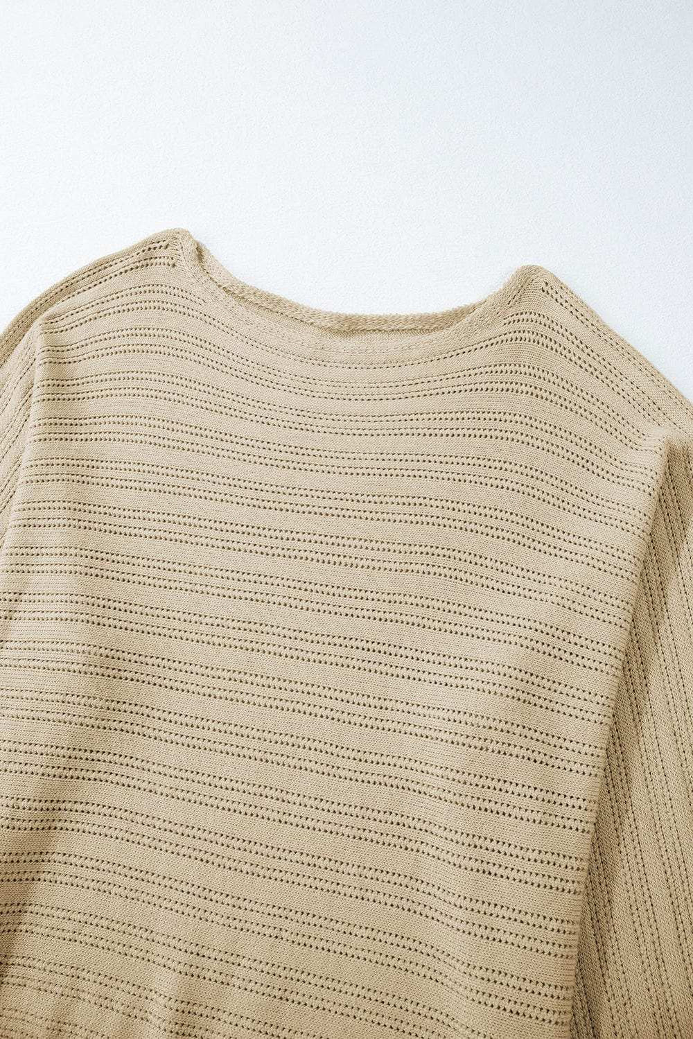 Eyelet Boat Neck Long Sleeve Knit Top - Trendsi - Flyclothing LLC