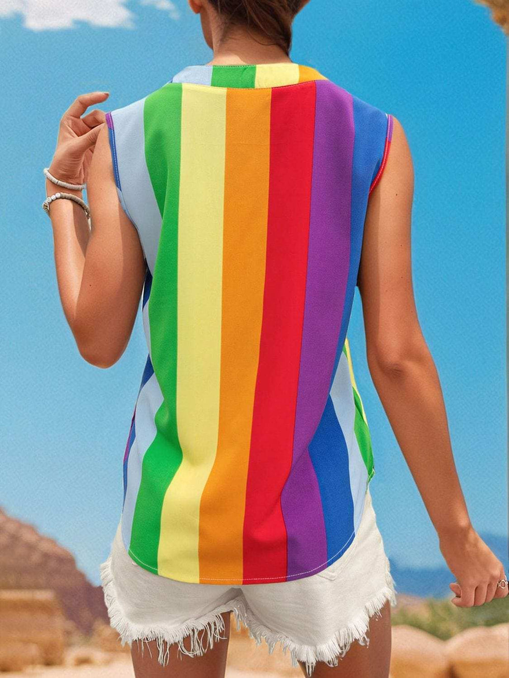 Color Block Notched Sleeveless Top - Trendsi - Flyclothing LLC