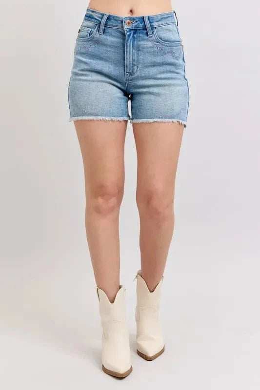 Judy Blue Full Size High Waist Western Embroidery Detail Cut Off Denim Shorts Plus Size - Trendsi - Flyclothing LLC