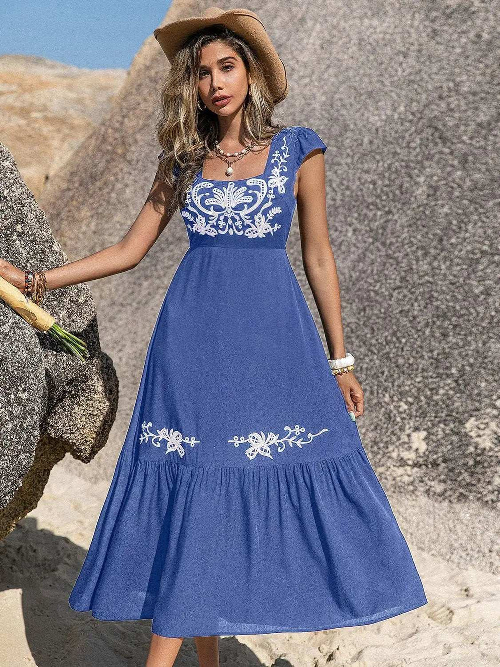 Embroidered Square Neck Cap Sleeve Dress - Trendsi - Flyclothing LLC