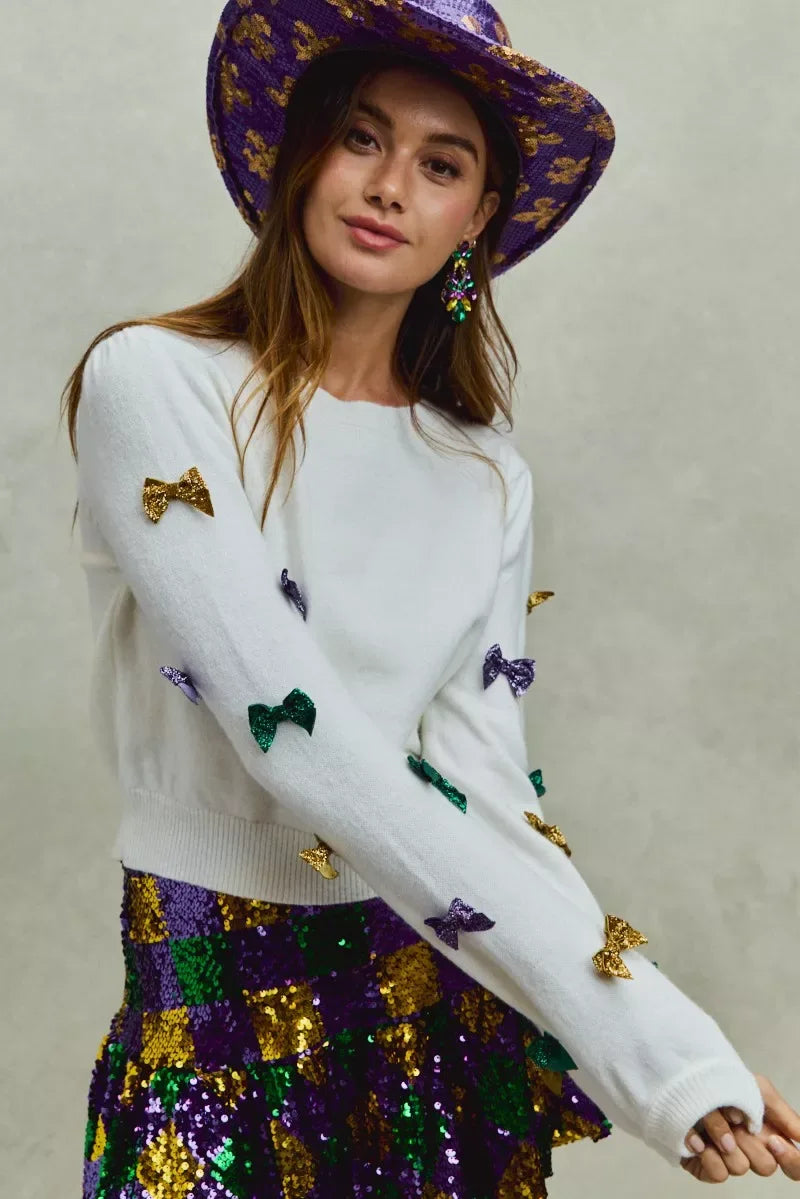 SO ME Mardi Gras Glitter Bow Ribbon Sweater Knit Top - Trendsi - Flyclothing LLC