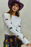 SO ME Mardi Gras Glitter Bow Ribbon Sweater Knit Top - Trendsi - Flyclothing LLC