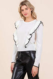 Mittoshop Contrast Trim Ruffled Round Neck Knit Top - Trendsi - Flyclothing LLC