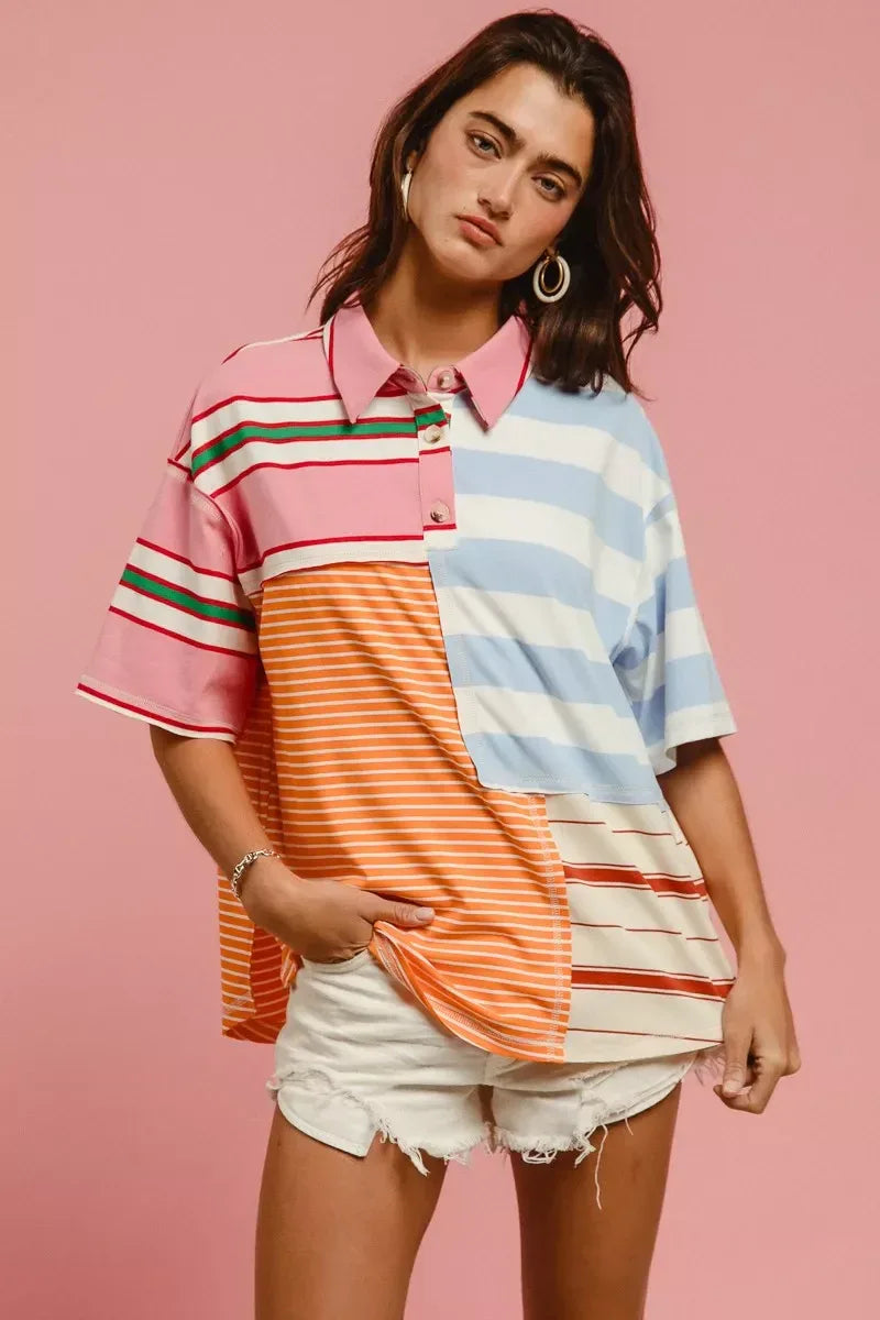 BiBi Mix And Match Stripe Color Block Shirt - Trendsi - Flyclothing LLC
