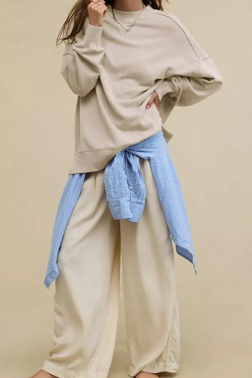 Side Slit Round Neck Long Sleeve Sweatshirt - Trendsi - Flyclothing LLC