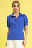 Umgee Side Zip Striped Puff Sleeve Polo - Trendsi - Flyclothing LLC