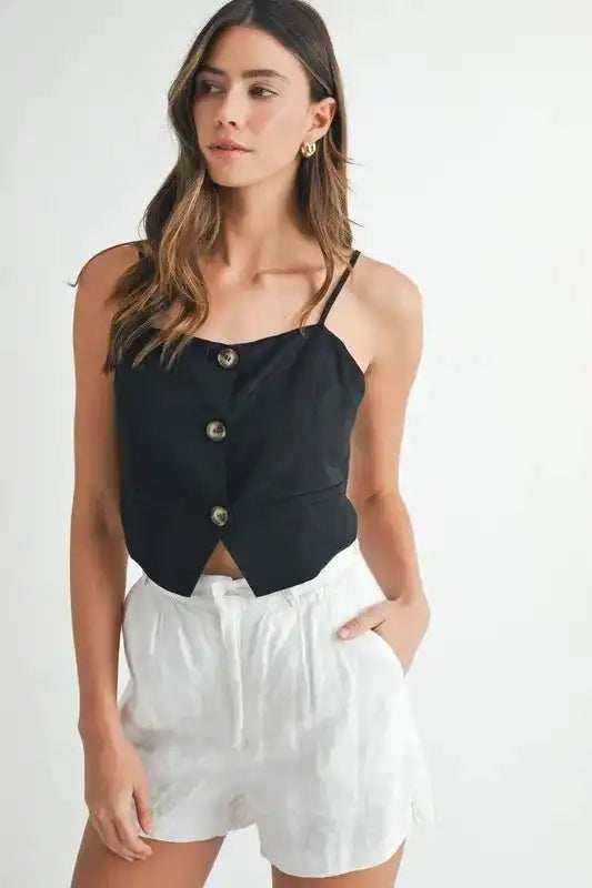MABLE Linen Mix Button Down Tank Top - Trendsi - Flyclothing LLC