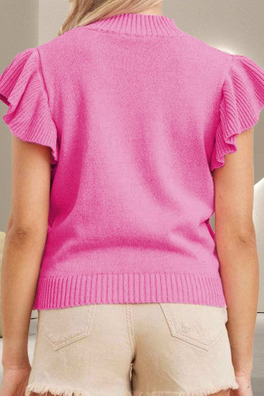 Ruffled Round Neck Cap Sleeve Sweater - Trendsi - Flyclothing LLC