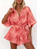 Printed Tie Waist Half Sleeve Romper - Trendsi - Flyclothing LLC