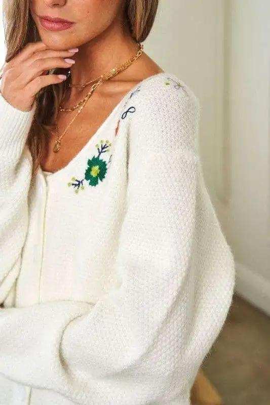 Davi & Dani Flower Embroidered Button Up Long Sleeve Cardigan - Trendsi - Flyclothing LLC