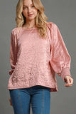 Umgee Wrinkled Round Neck Lantern Sleeve Blouse - Trendsi - Flyclothing LLC
