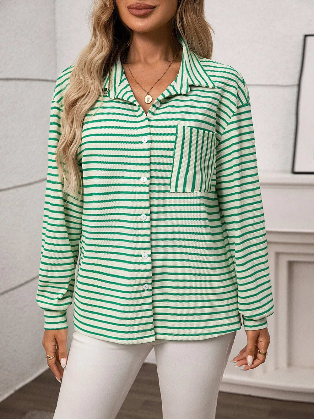 Striped Button Up Long Sleeve Shirt - Trendsi - Flyclothing LLC