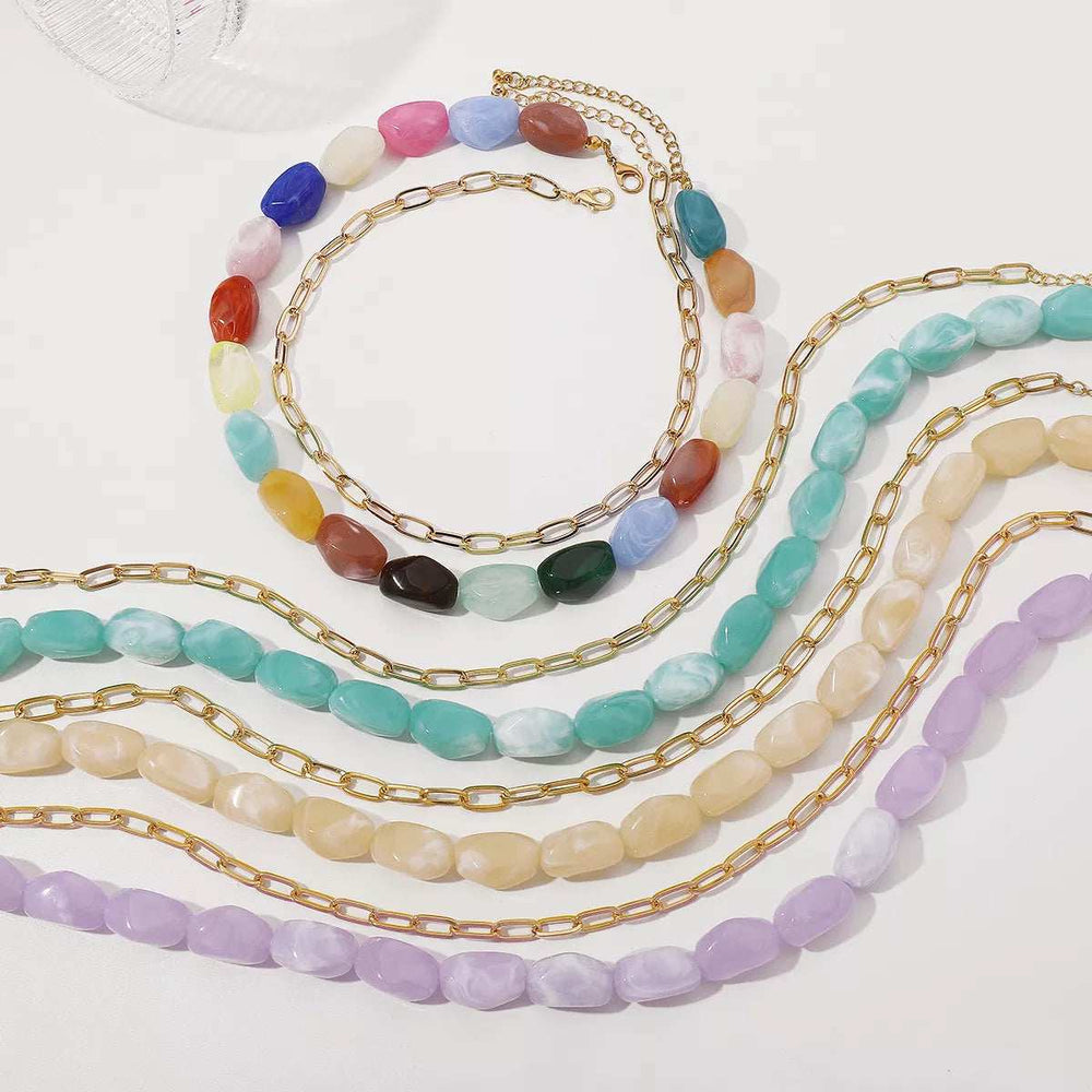 2 Piece Colorful Beaded Chain Necklace - Trendsi - Flyclothing LLC