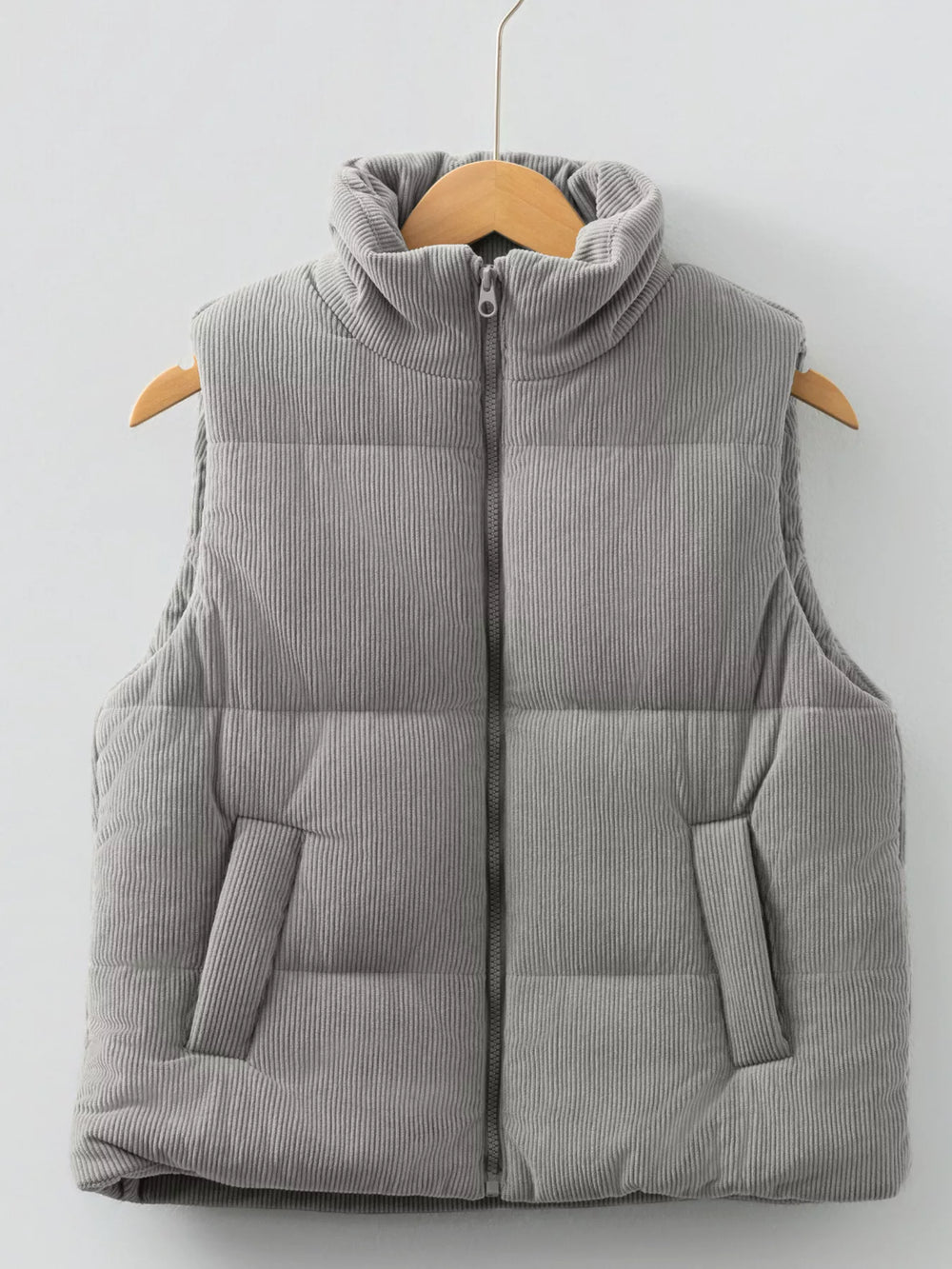 Corduroy Stand Neck Zipped Puffer Vest - Trendsi - Flyclothing LLC