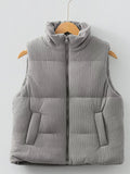 Corduroy Stand Neck Zipped Puffer Vest - Trendsi - Flyclothing LLC