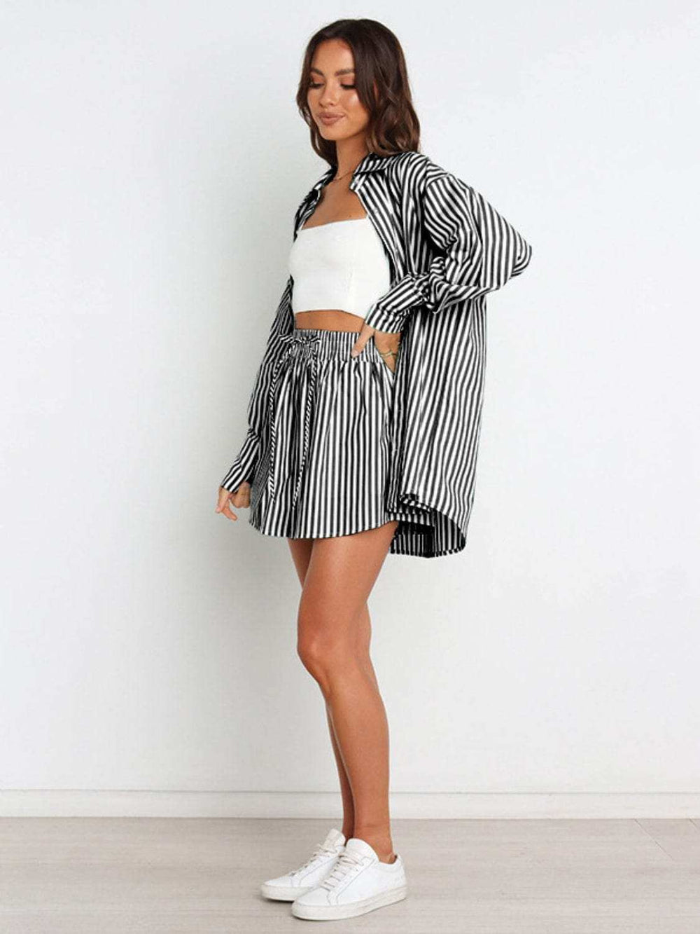 Striped Dropped Shoulder Shirt and Shorts Set - Trendsi - Flyclothing LLC