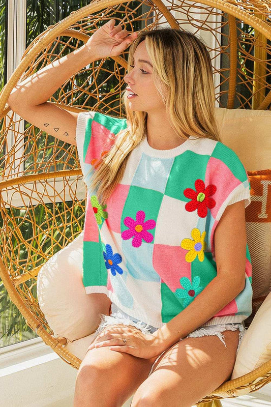 BiBi Flower Patch Checkered Sweater Vest - Trendsi - Flyclothing LLC