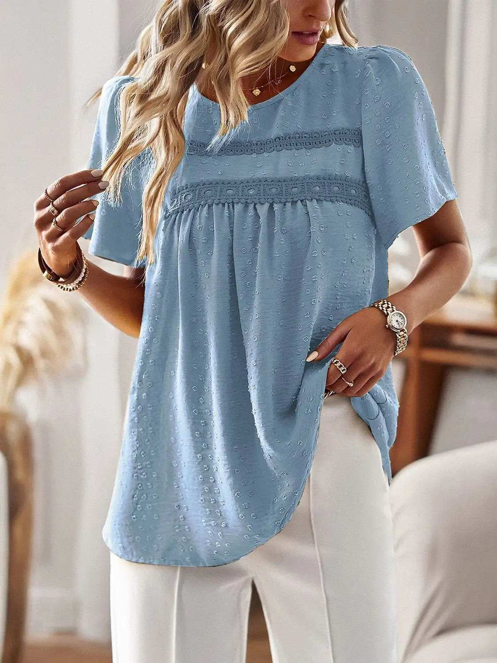 Lace Detail Round Neck Short Sleeve Blouse - Trendsi - Flyclothing LLC