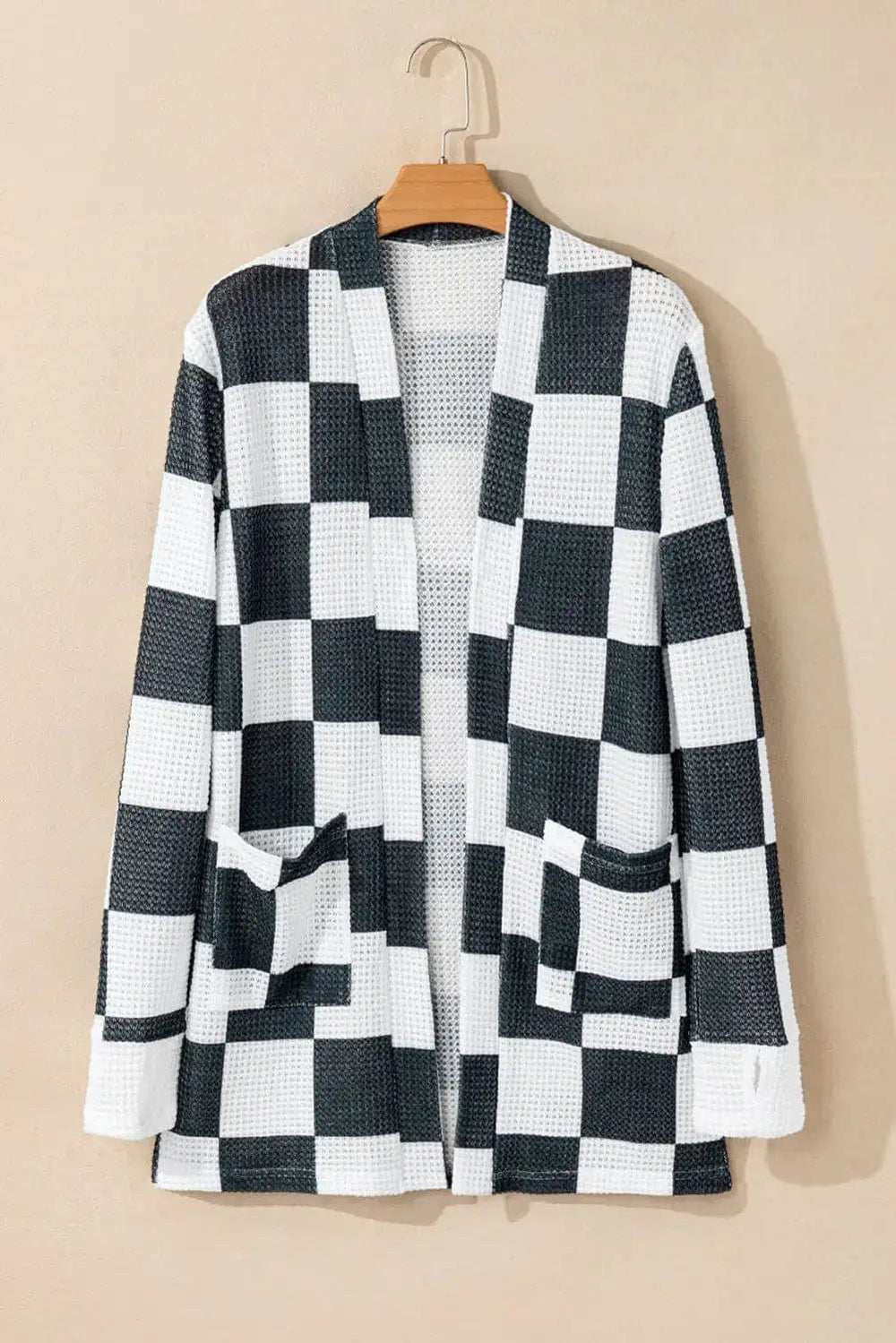Checkered Open Front Long Sleeve Cover Up - Trendsi - Flyclothing LLC