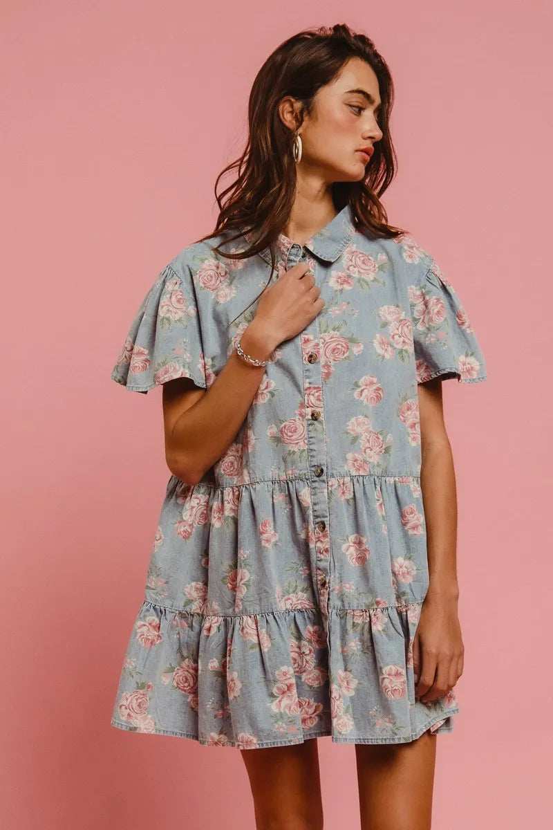 BiBi Floral Print Washed Lightweight Tiered Shirt Dress - Trendsi - Flyclothing LLC