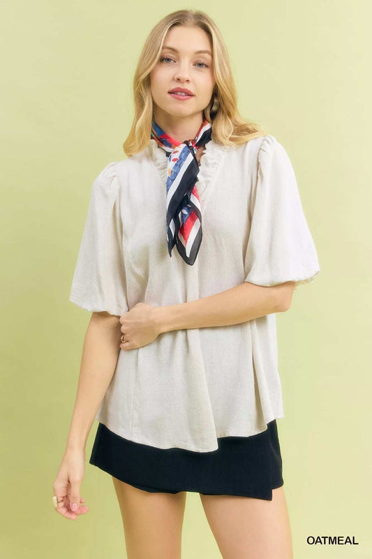 Umgee Linen Scallop Trim V-Neck Blouse - Trendsi - Flyclothing LLC