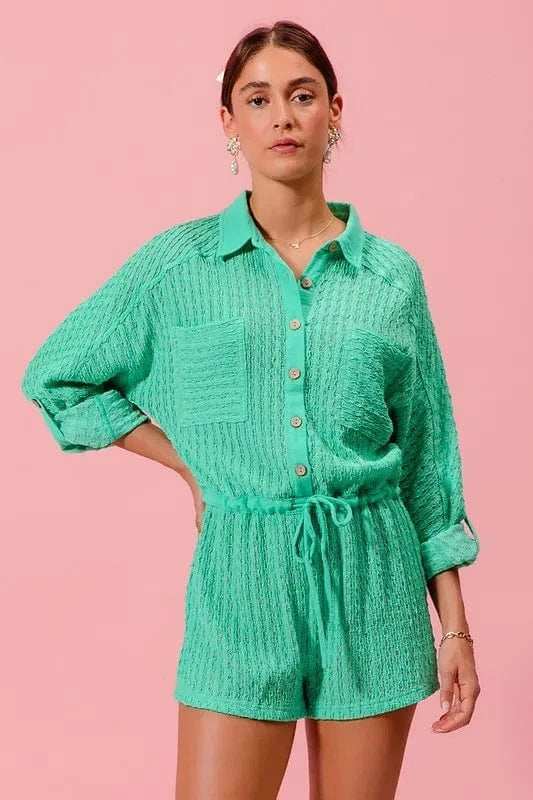 SO ME Textured Knit Button Front Romper - Trendsi - Flyclothing LLC