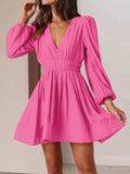 Ruched V-Neck Balloon Sleeve Mini Dress - Trendsi - Flyclothing LLC