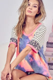 BiBi Tie Dye French Terry Top With Stripe Raglan - Trendsi - Flyclothing LLC
