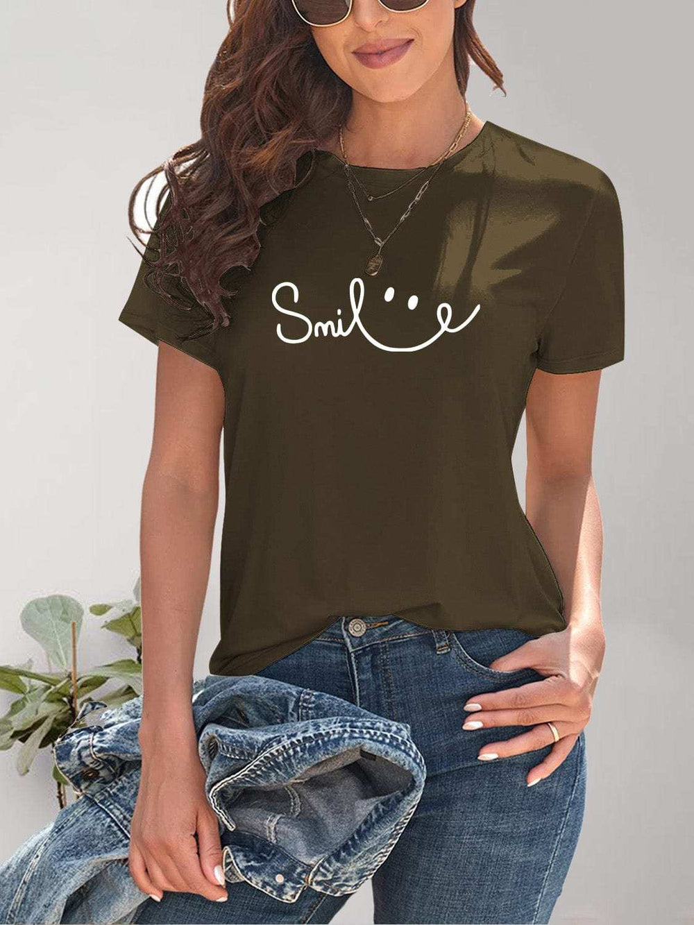 SMILE Round Neck Short Sleeve T-Shirt - Trendsi - Flyclothing LLC
