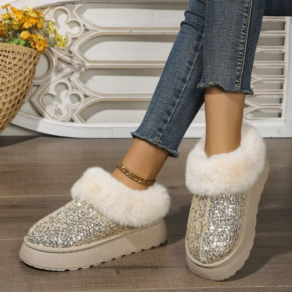 Sequin Round Toe Platform Boots - Trendsi - Flyclothing LLC