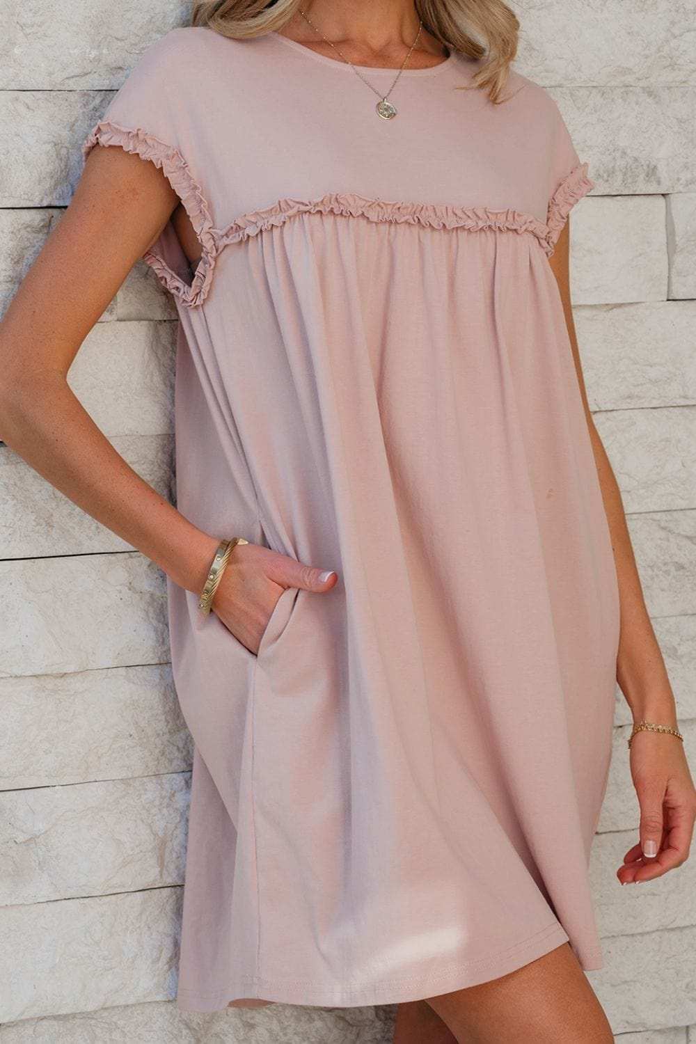 Frilled Trim Crew Neck Cap Sleeve Loose Fit Mini Dress - Trendsi - Flyclothing LLC